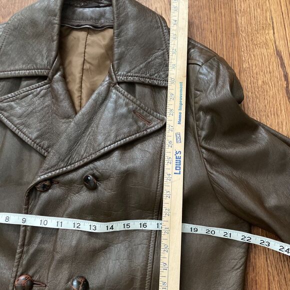 Vintage 1980s Brown Leather Pea Coat Trench Style Overcoat - Mens Size M/L - Picture 7 of 10